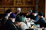 Metropolitan Hilarion presides at a meal at Holy Trinity Monastery.